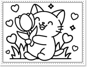 A cute cartoon cat happily holds a large flower, surrounded by grass, hearts, and stars. The illustration is outlined in black on a white background.