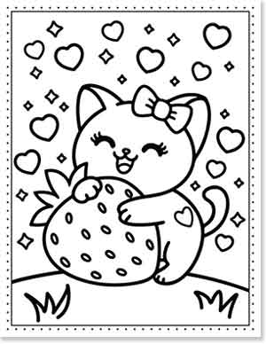 A cute cartoon cat with a bow hugs a large strawberry. The background is filled with hearts and stars. The cat has a heart on its cheek and tail, set against a grassy hill. The outline style is simple and playful.