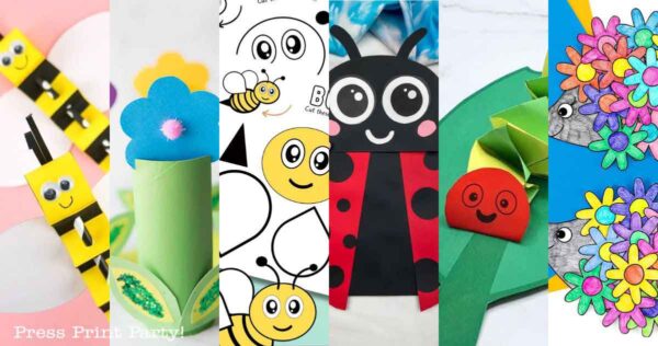 Collage of various colorful spring crafts for kids featuring a sunflower, ladybug, snail, and bees. Each section showcases a different craft or activity with cartoonish faces and bright colors, aiming to engage children's creativity and interest in nature.