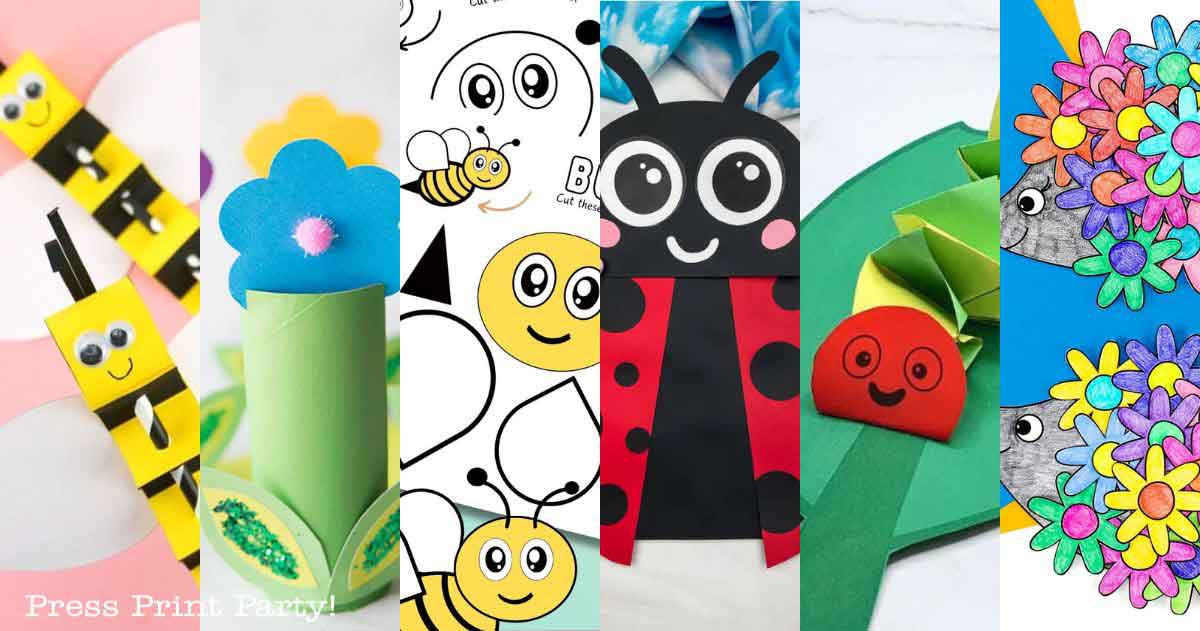 Collage of various colorful spring crafts for kids featuring a sunflower, ladybug, snail, and bees. Each section showcases a different craft or activity with cartoonish faces and bright colors, aiming to engage children's creativity and interest in nature.