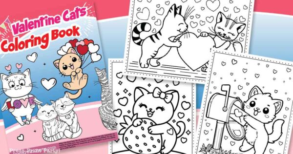 A colorful Valentine's Day-themed coloring book cover featuring cute cartoon cats with hearts. Three black-and-white cat illustrations are displayed beside the cover, each with hearts and playful cat-themed scenes.