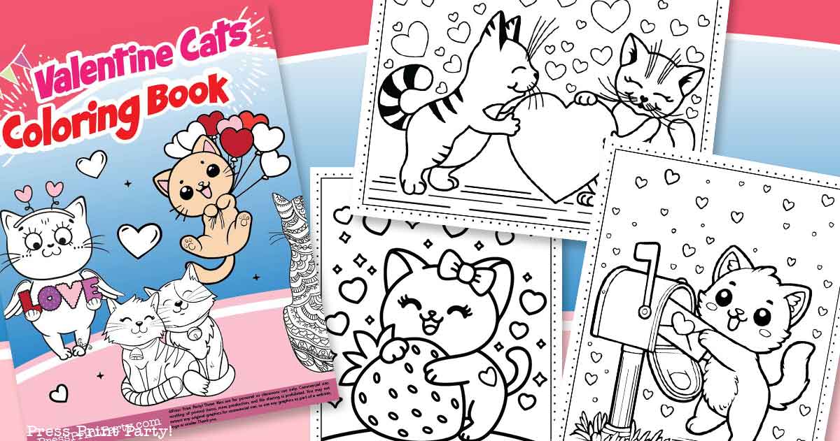A colorful Valentine's Day-themed coloring book cover featuring cute cartoon cats with hearts. Three black-and-white cat illustrations are displayed beside the cover, each with hearts and playful cat-themed scenes.