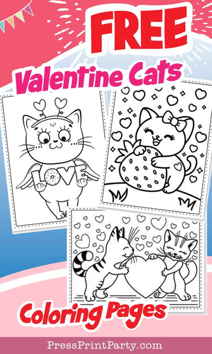 Coloring pages poster featuring cartoon Valentine's Day cats. Includes a cat with wings, a cat holding a heart, and two cats with a large heart. Text: "Free Valentine Cats Coloring Pages" and "PressPrintParty.com.