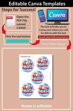 To edit Canva templates, open the file named template (Copy) (Copy), click the teal button to go to Canva.com, and modify the text. The image features bubble bottle cards with 