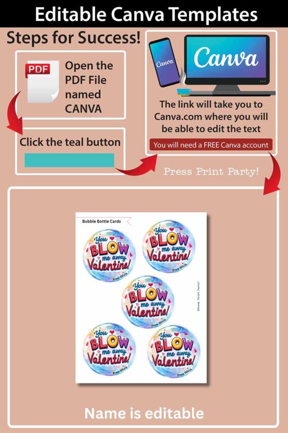 To edit Canva templates, open the file named template (Copy) (Copy), click the teal button to go to Canva.com, and modify the text. The image features bubble bottle cards with "You Blow Me Away, Valentine!" The name is editable.