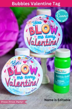 Valentine tags read "You Blow Me Away Valentine! From Olivia" beside a green bubble solution bottle. The design features hearts and bubbles, with editable names using Canva. Product Name: template (Copy) (Copy).