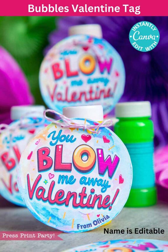 Editable Valentine-themed tag with "You Blow Me Away Valentine!" text, decorated with hearts and stars. The vibrant design includes a bright background and bubble bottles, allowing for name personalization. Product: template (Copy) (Copy).