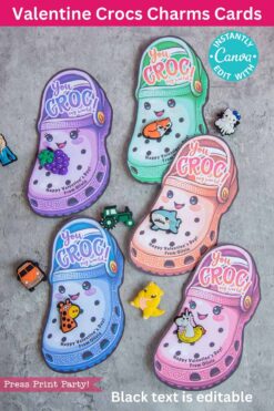 Five colorful Valentine-themed cards shaped like Crocs shoes, each adorned with cute charms like animals and tractors. The text reads "You Croc!" and "Happy Valentine's Day from [Name]." Product: template (Copy) (Copy).
