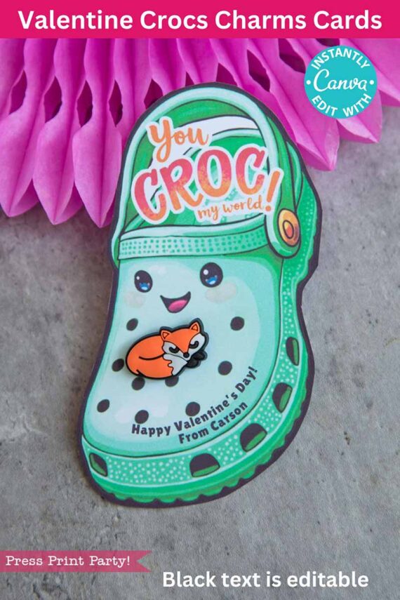 A Valentine card features a green crocodile-themed croc shoe with a smile. It reads "You CROC my world!" and includes a cartoon fox. A banner indicates it's editable with Canva. Product name: template (Copy) (Copy).