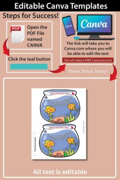 Infographic on editing template (Copy) (Copy). Instructions: Open PDF, click the teal button to access Canva, and edit with a free account. Includes a Valentine's Day card example featuring a fish design. All text is editable.