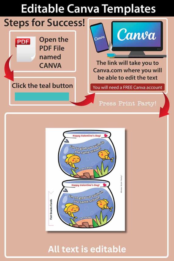 Infographic on editing template (Copy) (Copy). Instructions: Open PDF, click the teal button to access Canva, and edit with a free account. Includes a Valentine's Day card example featuring a fish design. All text is editable.