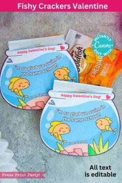 This template features a fishbowl-shaped Valentine card with a cute fish illustration and the message "I'm so glad we swim in the same school!" It offers editable text options and comes with cheddar-flavored Goldfish crackers.