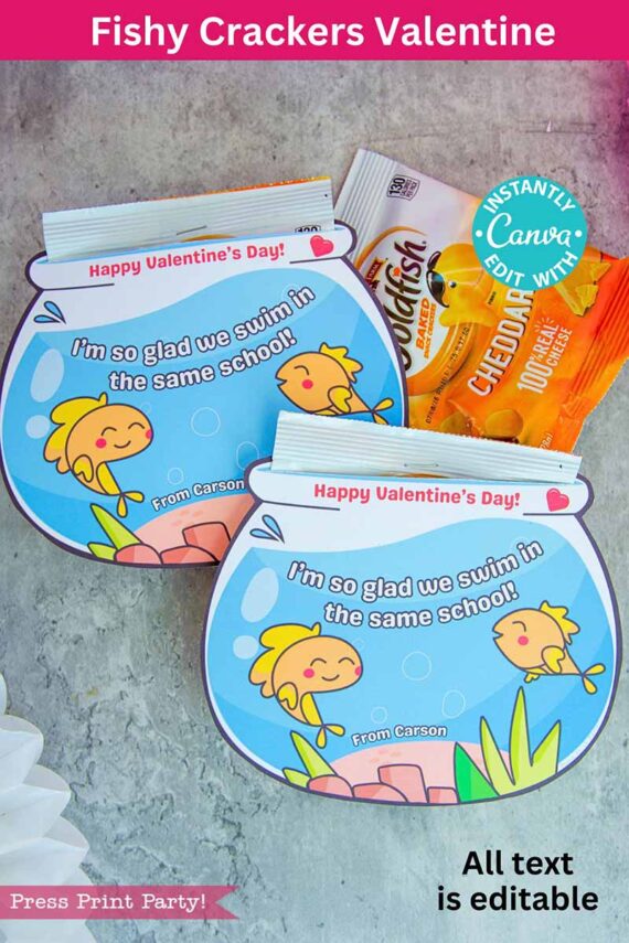 This template features a fishbowl-shaped Valentine card with a cute fish illustration and the message "I'm so glad we swim in the same school!" It offers editable text options and comes with cheddar-flavored Goldfish crackers.