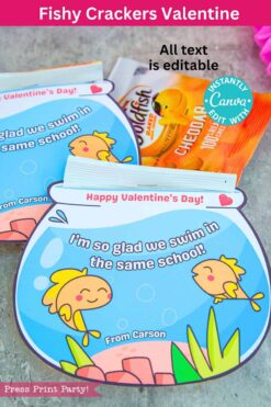 Fishbowl-themed Valentine's card with cartoon fish and coral saying, 