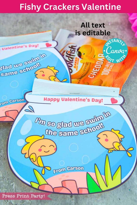Fishbowl-themed Valentine's card with cartoon fish and coral saying, "I'm so glad we swim in the same school!" Features a Goldfish cracker bag. All text is editable using Canva.