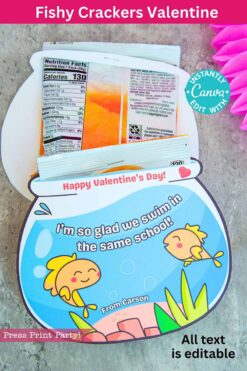 Illustration of a fishbowl Valentine card featuring cartoon fish with the message 