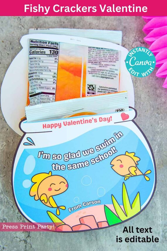 Illustration of a fishbowl Valentine card featuring cartoon fish with the message "I'm so glad we swim in the same school!" and a bag of fish-shaped crackers attached. Includes "Happy Valentine's Day" text with editable options. Product: template (Copy) (Copy).