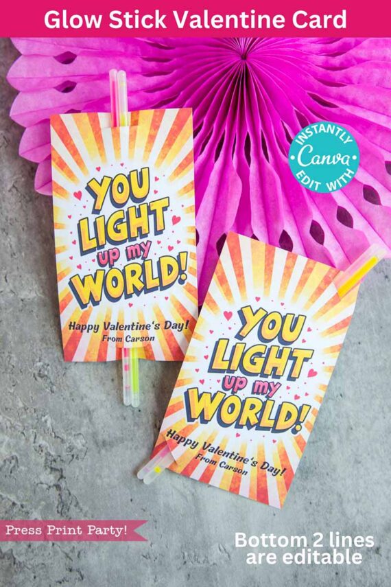 Two Valentine cards from the "template (Copy) (Copy)" collection read "You Light Up My World!" against a pink backdrop, featuring a glow stick and vibrant radiating heart design. Editable in Canva.