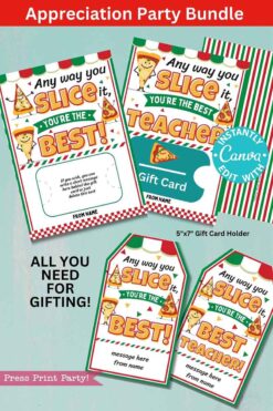 The Staff/Teacher Appreciation Week Pizza Bundle includes a colorful, editable gift card holder and tags with pizza slice graphics and the phrase