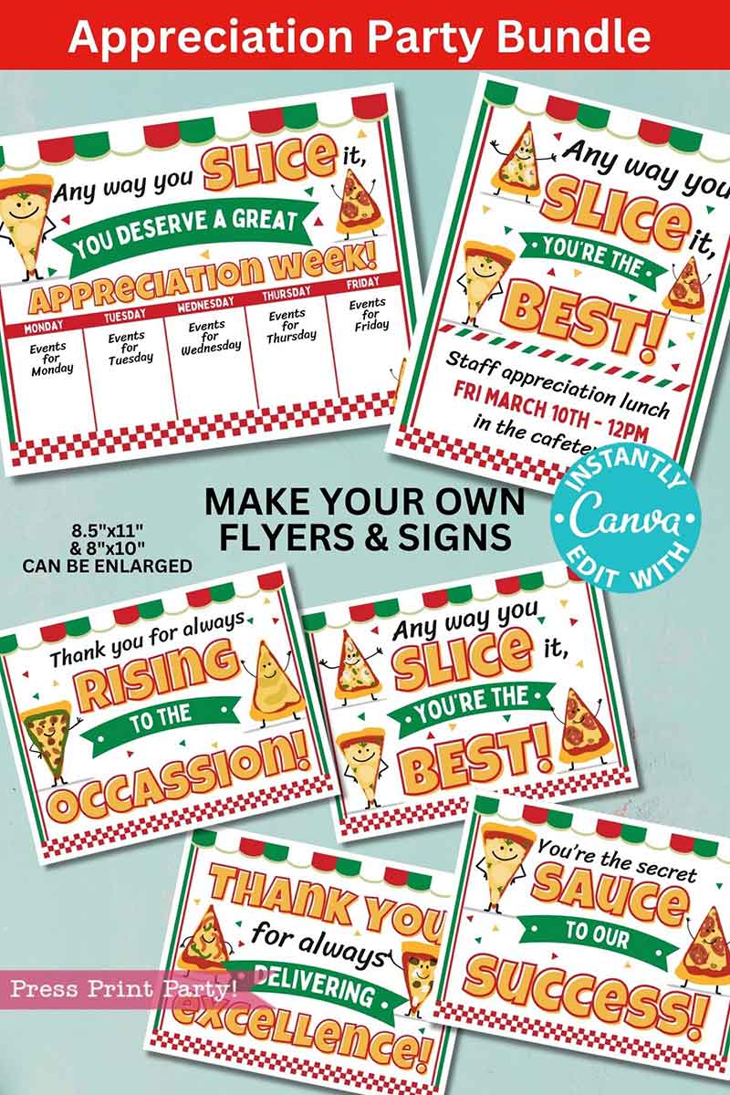 An image showcasing the Staff/Teacher Appreciation Week Pizza Bundle, featuring colorful flyer designs with fun pizza slice illustrations and messages like "Any way you slice it, you're the best!" and "Thank you for your supreme delivery!.