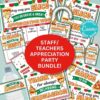 The Staff/Teacher Appreciation Week Pizza Bundle offers a colorful party package with pizza-themed banners, labels, and editable text options, featuring phrases like "You deserve a great slice!" and "Thank you for always delivering excellence!.