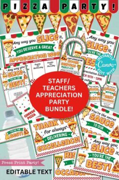 The Staff/Teacher Appreciation Week Pizza Bundle offers a colorful party package with pizza-themed banners, labels, and editable text options, featuring phrases like "You deserve a great slice!" and "Thank you for always delivering excellence!.