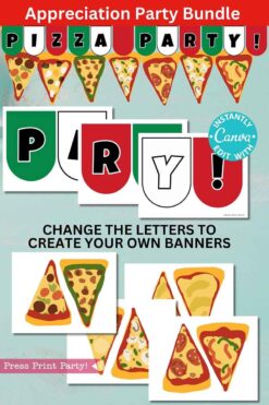 Illustrated image of a pizza party banner set featuring colorful