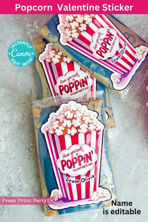 Editable Valentine stickers featuring popcorn bag shapes and "Have yourself a poppin' Valentine's Day" text. Each sticker includes "From Olivia," customizable via Canva, and displayed on a turquoise background.