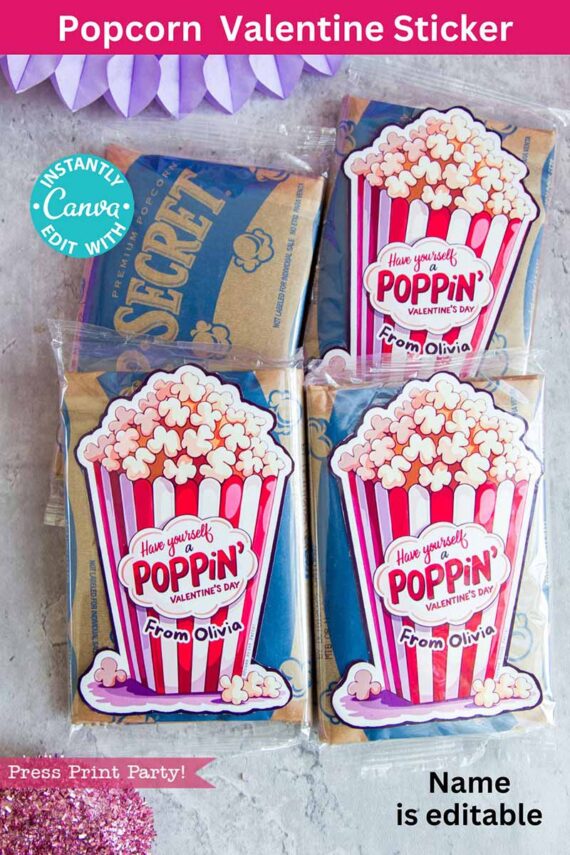 Valentine's Day popcorn packages with editable stickers featuring popcorn illustrations and the phrase "Have Yourself a Poppin' Valentine's Day" appear against a background of pink and white balloons and a textured surface. Product: template (Copy) (Copy).