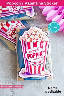 The "template (Copy) (Copy)" sticker features a popcorn Valentine theme with "Have yourself a Poppin' Valentine's Day" and "From Olivia" text, showcasing a red and white striped popcorn box illustration against a pink ribbon background. Perfect for popcorn bags!.