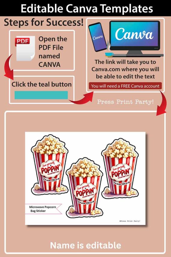 Instructional graphic for editable Canva template (Copy) (Copy): Top shows steps to use Canva with a laptop image; bottom displays three customizable popcorn-themed bag stickers titled "Let's Get the Party Poppin!.
