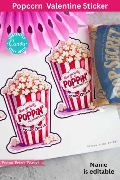 Valentine-themed stickers with popcorn buckets and 