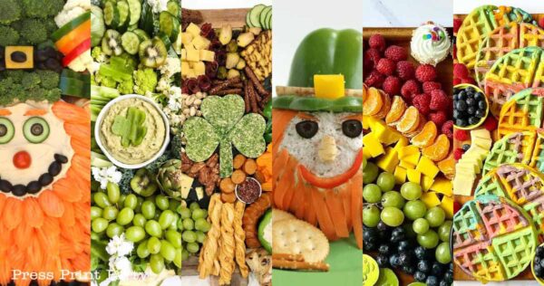 A vibrant showcase of five St. Patrick’s Day charcuterie boards, each offering themed delights like clover-shaped treats, rainbow waffles, a leprechaun face crafted from fruits, and an array of grapes and berries.