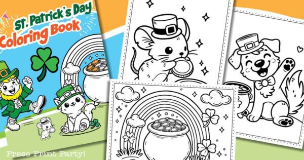 St. Patrick's Day coloring book cover featuring a leprechaun cat and dog with a pot of gold. Pages show a mouse with a coin and a dog dancing near a pot of gold under a rainbow, all in black and white.