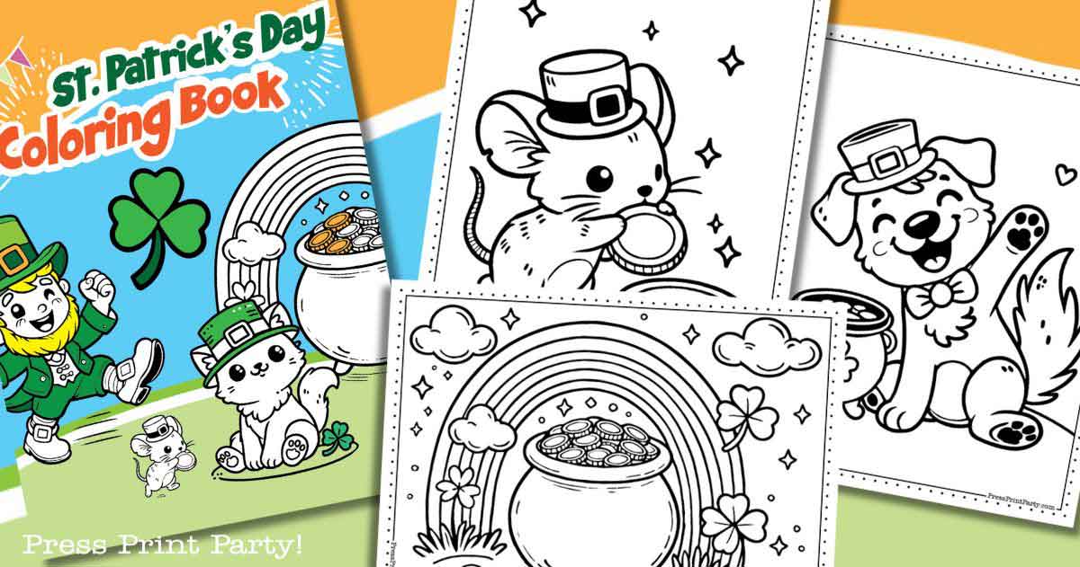 St. Patrick's Day coloring book cover featuring a leprechaun cat and dog with a pot of gold. Pages show a mouse with a coin and a dog dancing near a pot of gold under a rainbow, all in black and white.