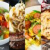 A collage of six hearty dishes: beef stew with carrots and peas, a noodle soup with vegetables, sausages with caramelized onions, sausage and cabbage skillet, cheesy potato casserole, and corned beef with vegetables.