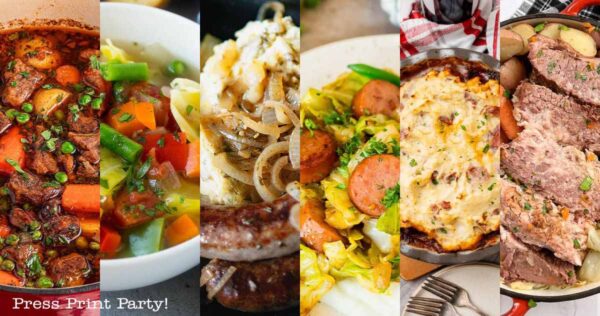 A collage of six hearty dishes: beef stew with carrots and peas, a noodle soup with vegetables, sausages with caramelized onions, sausage and cabbage skillet, cheesy potato casserole, and corned beef with vegetables.