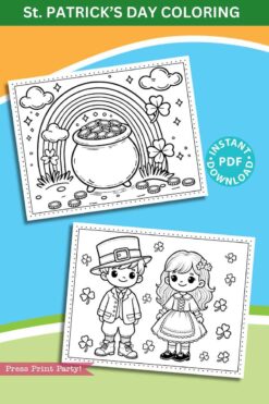 Coloring page for St. Patrick's Day featuring a pot of gold under a rainbow and a boy and girl in festive clothes with four-leaf clovers. Includes a banner that reads 