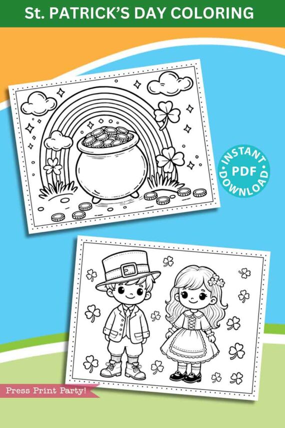 Coloring page for St. Patrick's Day featuring a pot of gold under a rainbow and a boy and girl in festive clothes with four-leaf clovers. Includes a banner that reads "St. Patrick's Day Coloring" and a "Press Print Party" logo.