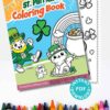 St. Patrick's Day coloring book cover featuring a leprechaun, a dog, a rainbow, and a pot of gold. A page with outlined images of a hat, clovers, and a rainbow is behind it. Colorful crayons are lined up at the bottom.