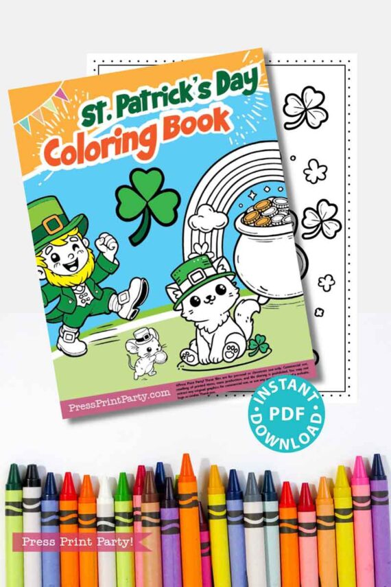 St. Patrick's Day coloring book cover featuring a leprechaun, a dog, a rainbow, and a pot of gold. A page with outlined images of a hat, clovers, and a rainbow is behind it. Colorful crayons are lined up at the bottom.