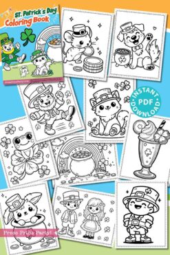 A St. Patrick's Day coloring book cover featuring various pages with cute leprechaun-themed animals, shamrocks, pots of gold, and festive treats. Bright background with text promoting an instant PDF download.