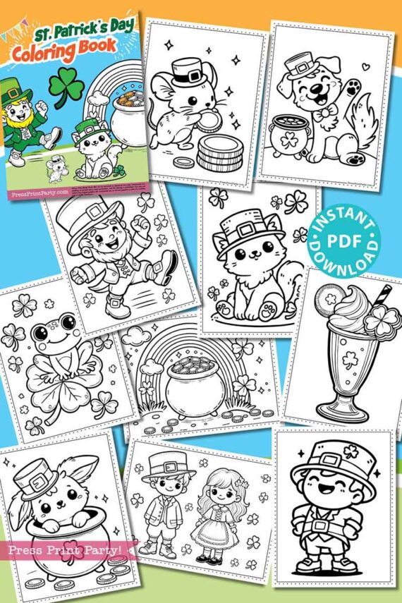 A St. Patrick's Day coloring book cover featuring various pages with cute leprechaun-themed animals, shamrocks, pots of gold, and festive treats. Bright background with text promoting an instant PDF download.