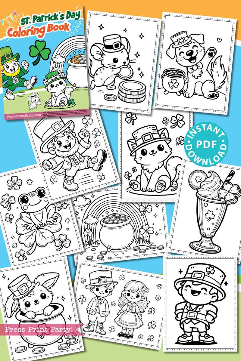 A St. Patrick's Day coloring book cover featuring various pages with cute leprechaun-themed animals, shamrocks, pots of gold, and festive treats. Bright background with text promoting an instant PDF download.