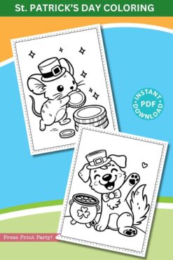 Coloring page advertisement with St. Patrick's Day theme features a mouse with a pot of gold and a mischievous dog wearing a leprechaun hat next to a pot. Text at the top reads, 