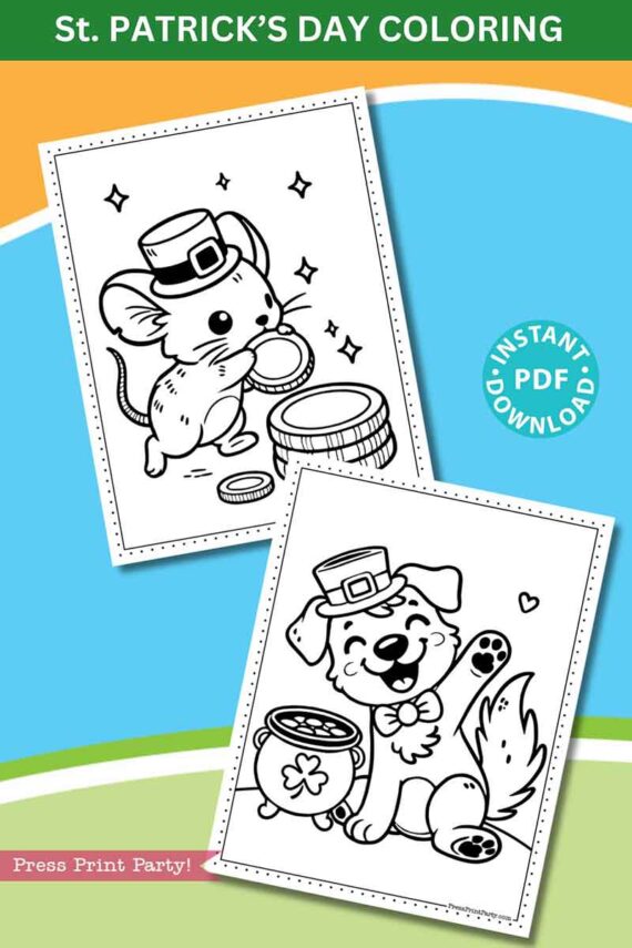 Coloring page advertisement with St. Patrick's Day theme features a mouse with a pot of gold and a mischievous dog wearing a leprechaun hat next to a pot. Text at the top reads, "St. Patrick's Day Coloring," and includes an "Instant PDF Download" badge.