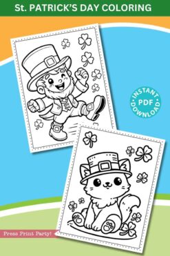 Two St. Patrick's Day coloring sheets feature a leprechaun holding shamrocks and a cat wearing a leprechaun hat. Surrounding them are decorative shamrocks. Text reads 
