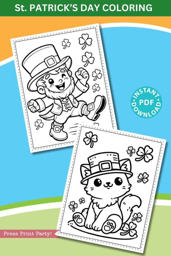 Two St. Patrick's Day coloring sheets feature a leprechaun holding shamrocks and a cat wearing a leprechaun hat. Surrounding them are decorative shamrocks. Text reads "St. Patrick’s Day Coloring" and "Instant PDF Download.