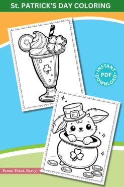 Two St. Patrick's Day-themed coloring pages. One features a milkshake with a shamrock, straw, and lemon slice. The other depicts a cute animal in a pot with a shamrock, wearing a leprechaun hat. Banner reads 