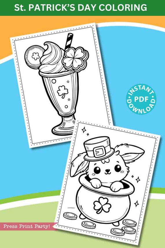 Two St. Patrick's Day-themed coloring pages. One features a milkshake with a shamrock, straw, and lemon slice. The other depicts a cute animal in a pot with a shamrock, wearing a leprechaun hat. Banner reads "St. Patrick's Day Coloring.